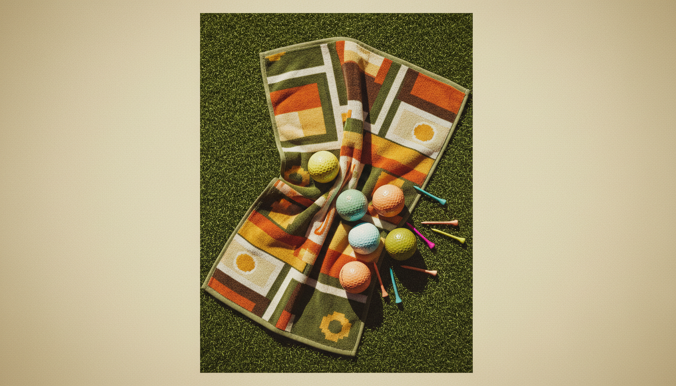 Striped golf towels fanned out on turf with coloured golf balls and wooden tees