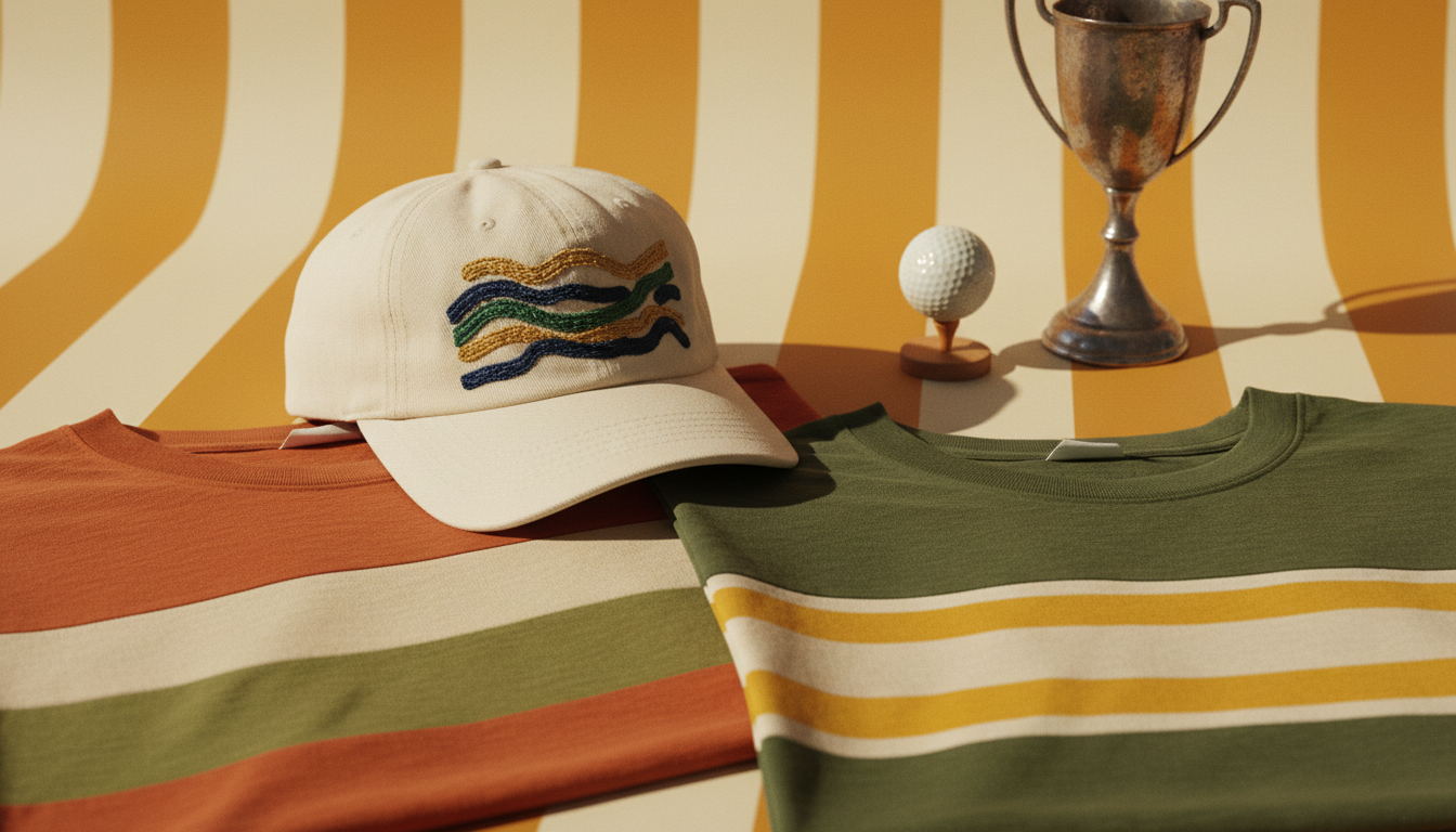 A cream embroidered golf cap beside a trophy, a golf ball and folded striped knitwear