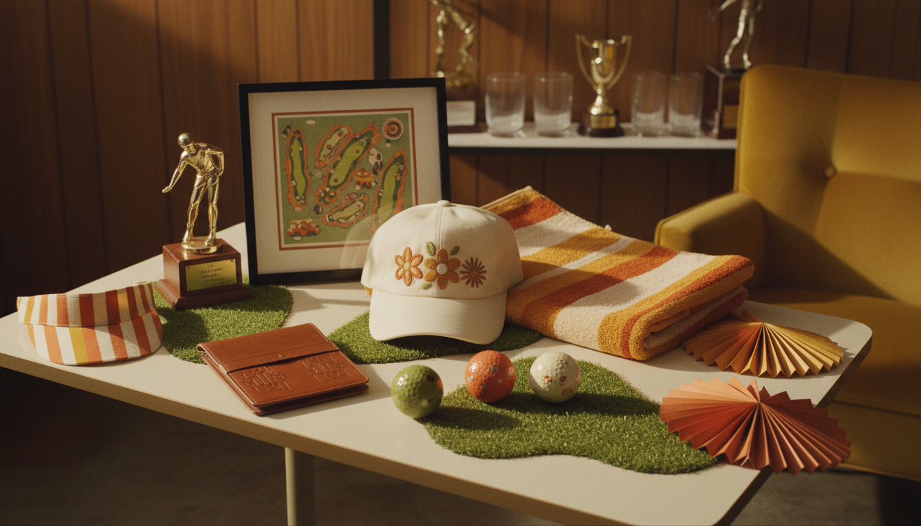 A retro clubhouse table set with a framed course map print, a cream golf cap, striped towels and golf balls on a strip of turf