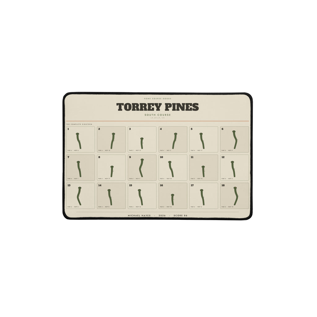 The Home Course Desk Mat, twelve by eighteen inches, printed with all eighteen holes of a golfer's home course