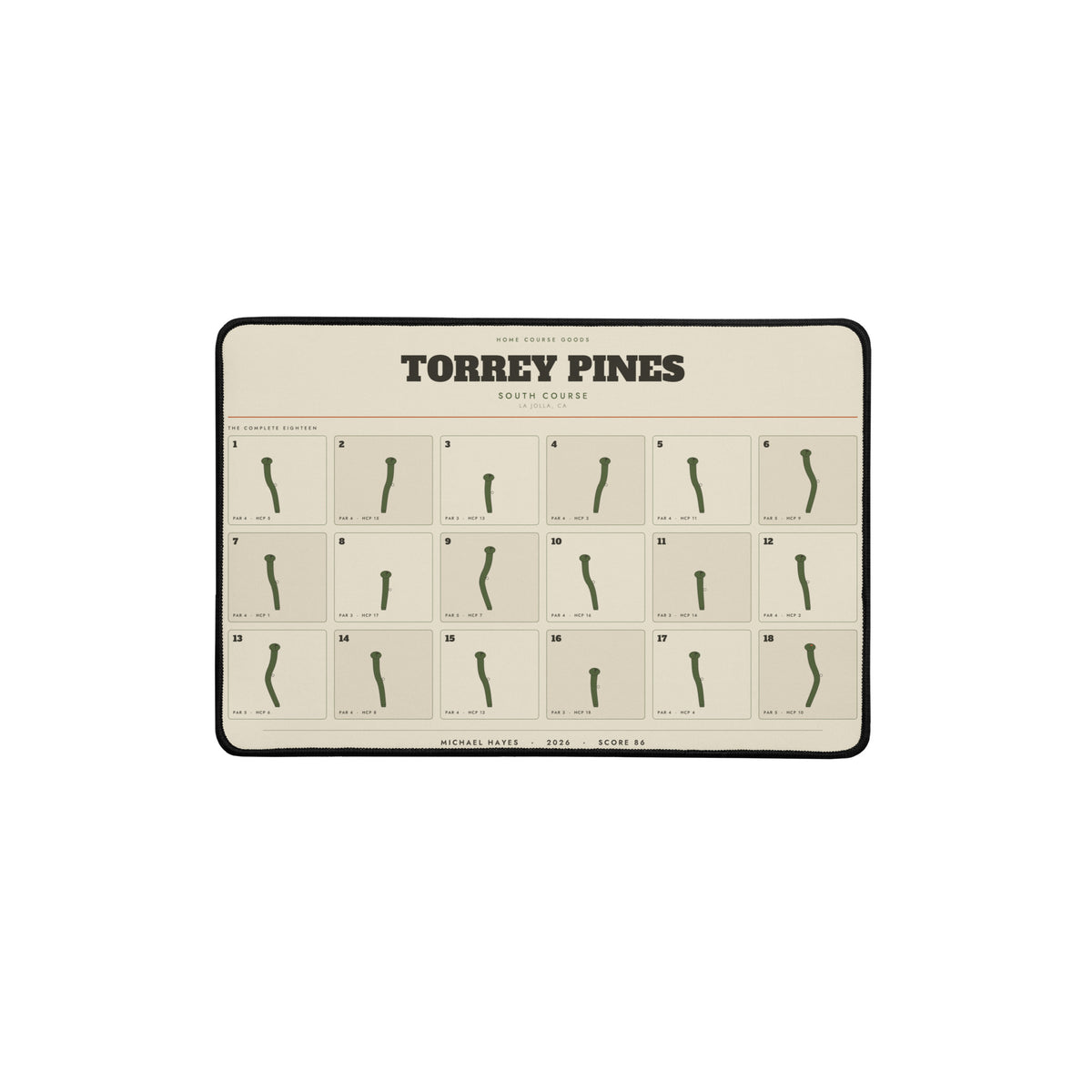 The Home Course Desk Mat, twelve by eighteen inches, printed with all eighteen holes of a golfer's home course