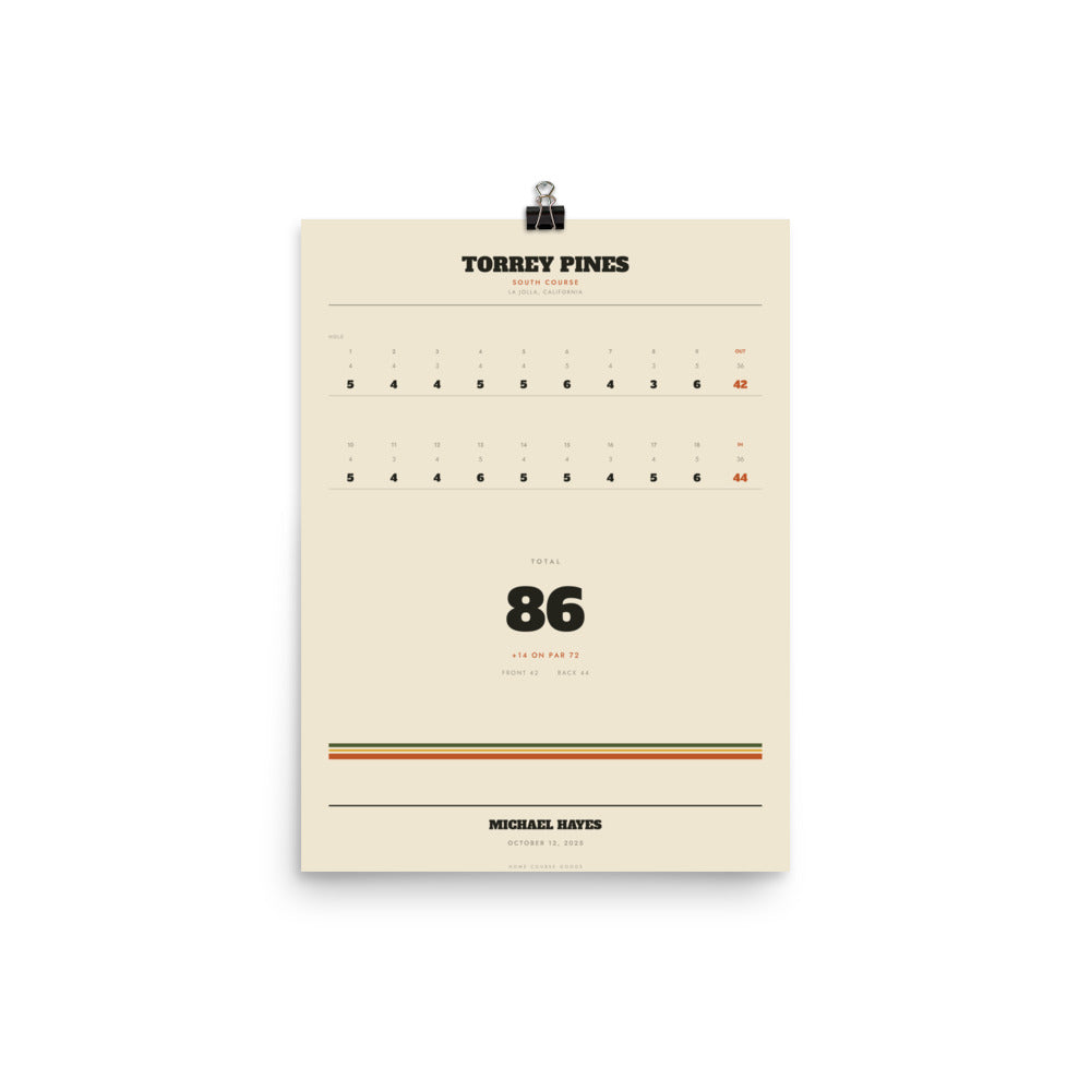 A golf scorecard print, set as clean typography with the course, the date, the hole-by-hole numbers and the golfer's name
