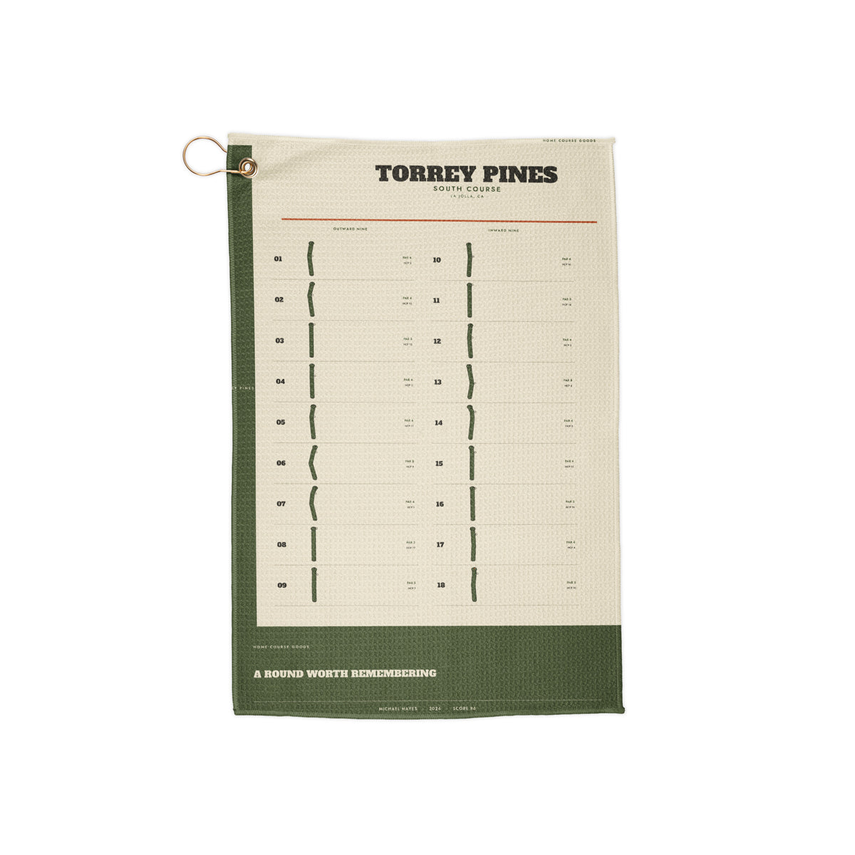 The Full Course Towel, a golf towel printed with all eighteen holes of a course