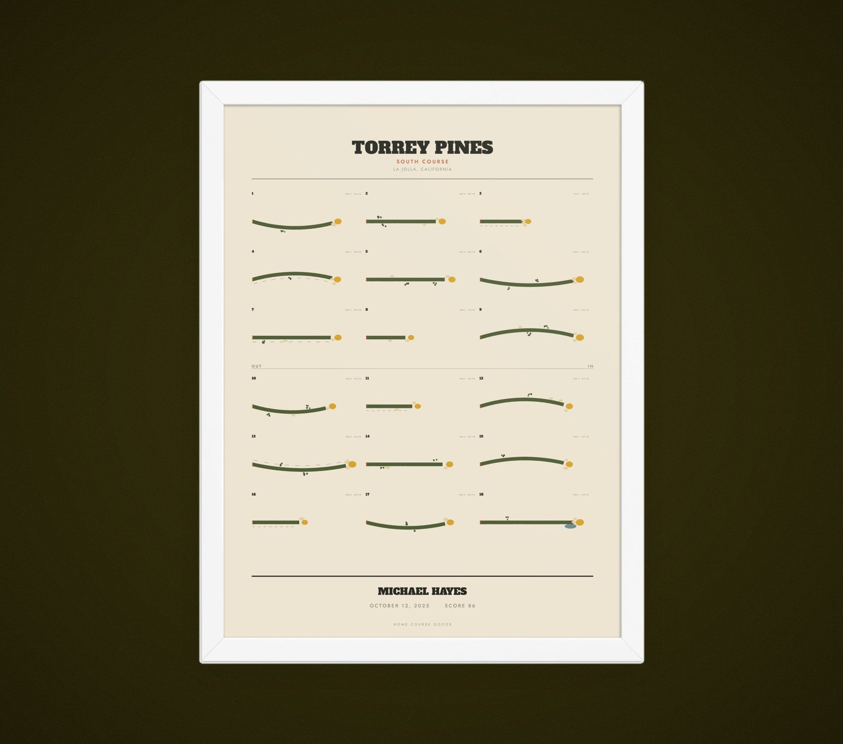 The Home Course Print, framed in white, hung on a dark olive wall