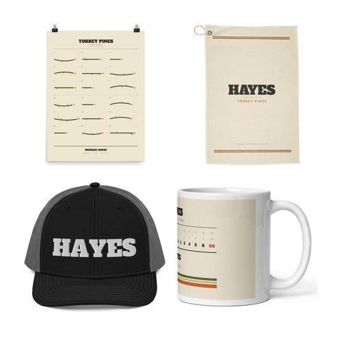 The Clubhouse Set — large course print, golf towel, embroidered hat and scorecard mug