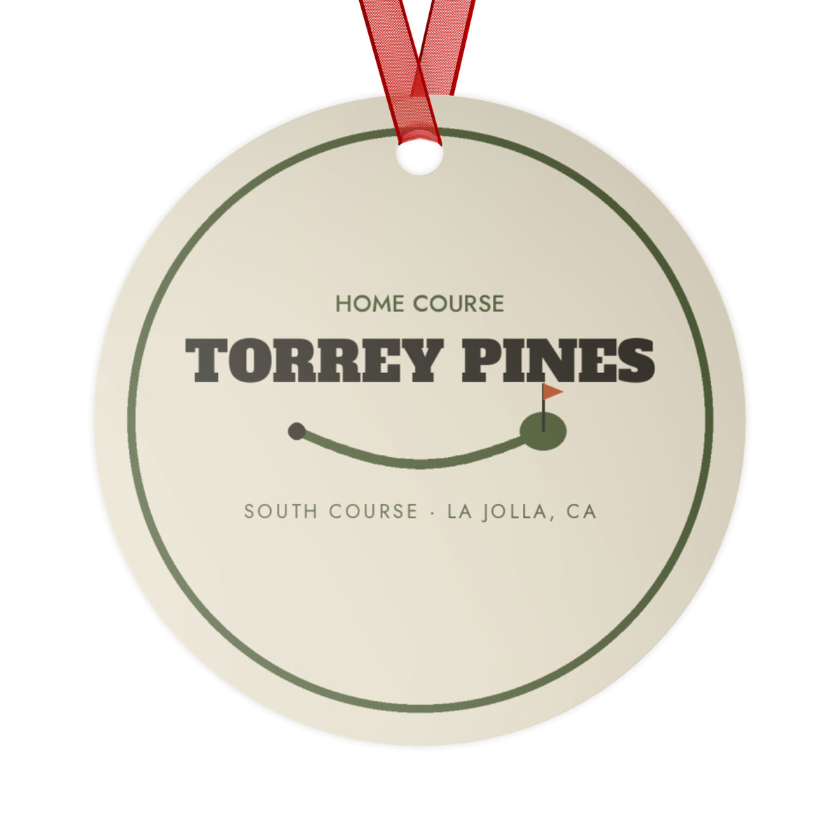The Home Course Ornament, a round aluminium Christmas ornament printed with a golf course map