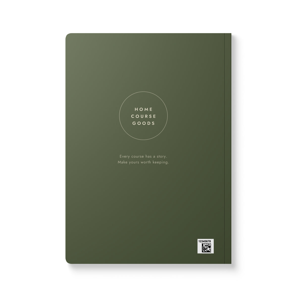 The back cover of the Home Course Journal, olive with the Home Course Goods roundel