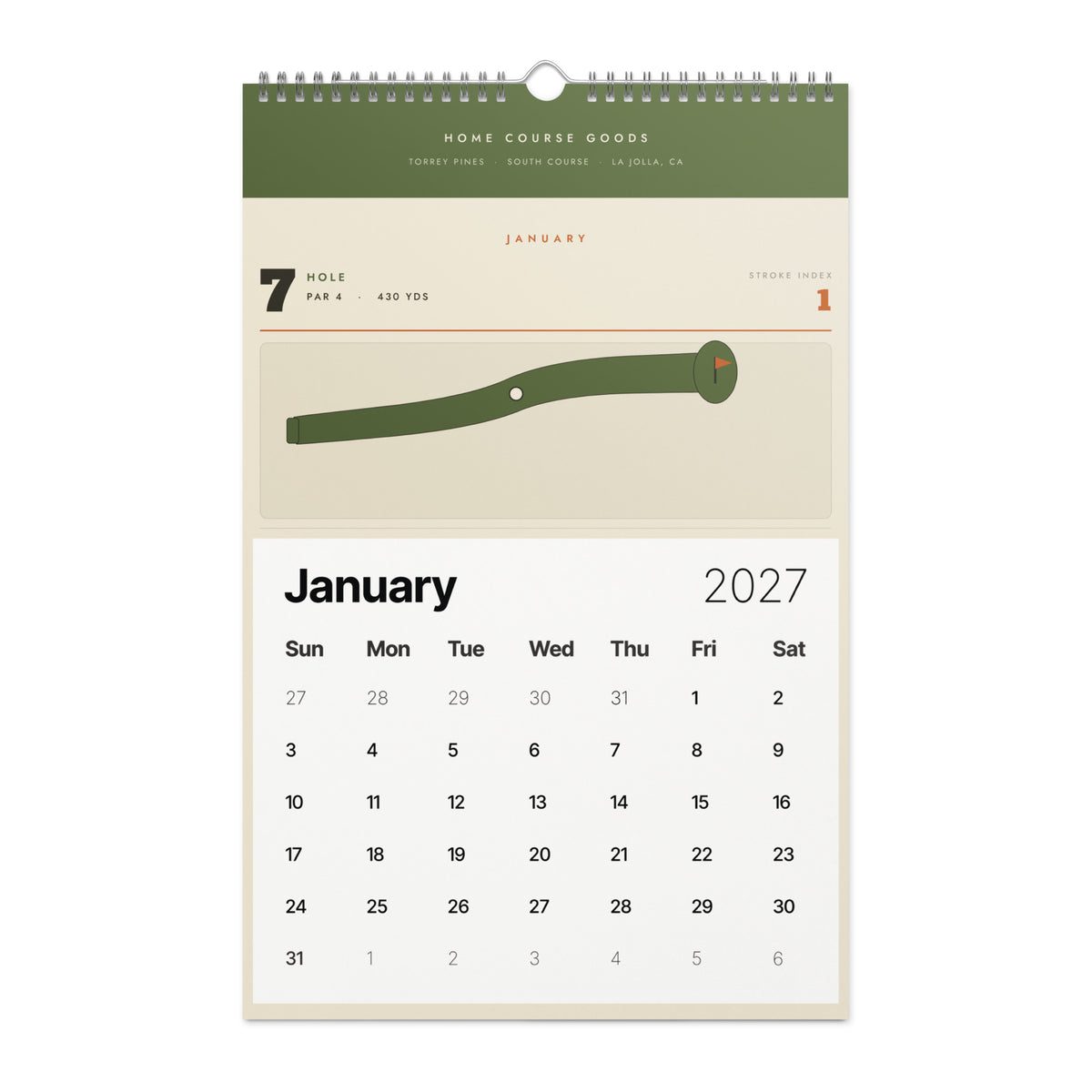 The January page of the golf course calendar, one hole drawn above the date grid